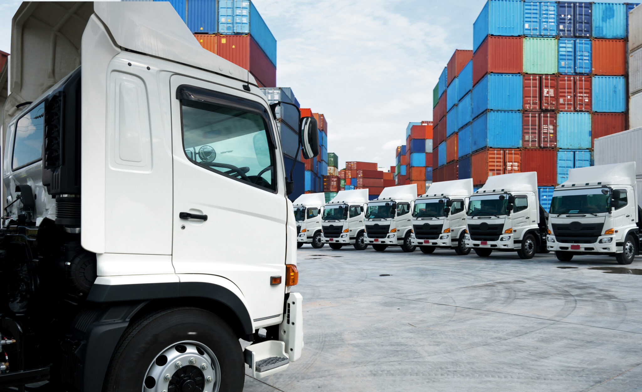 New haulage truck fleet is parking in the container depot termin